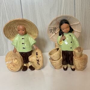 Vintage  McCarty Bros signed 1948 Asian Boy & Girl Planters w umbrella figurines